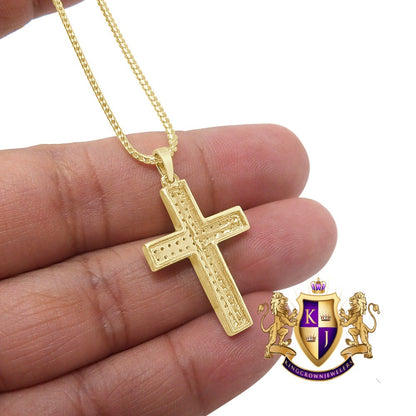 Unisex Real Genuine Diamond 10K Gold Finish Jesus Cross Mini Charm Pendent Chain Set 1.30''