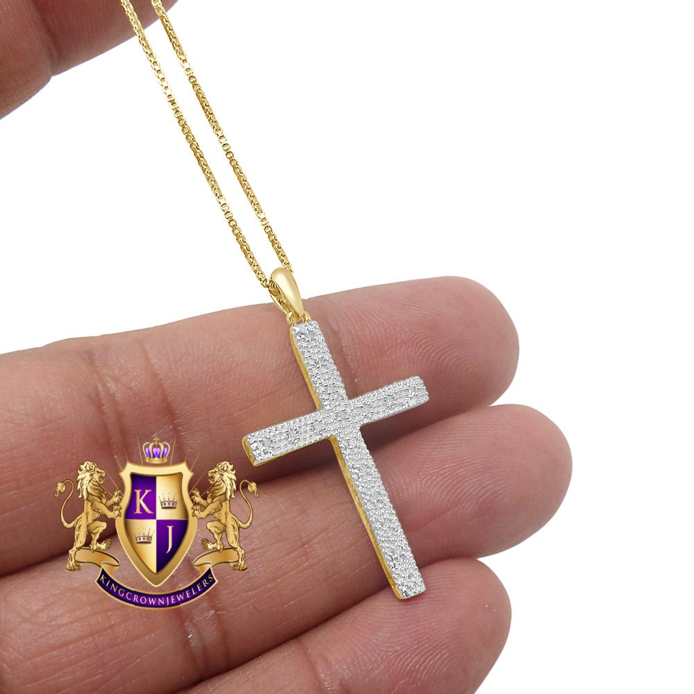 Real Genuine Diamond 10K Gold Finish Jesus Cross Mini Charm Pendent Chain Set 1.50'' Unisex