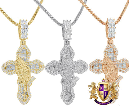 Baguette Real Genuine Starling Silver Simulated Diamond 14K Gold Over Jesus Cross Pendent Praying Hand Charm Chain Set 2.25