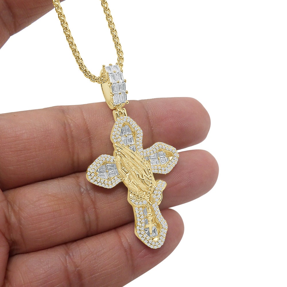 Baguette Real Genuine Starling Silver Simulated Diamond 14K Gold Over Jesus Cross Pendent Praying Hand Charm Chain Set 2.25
