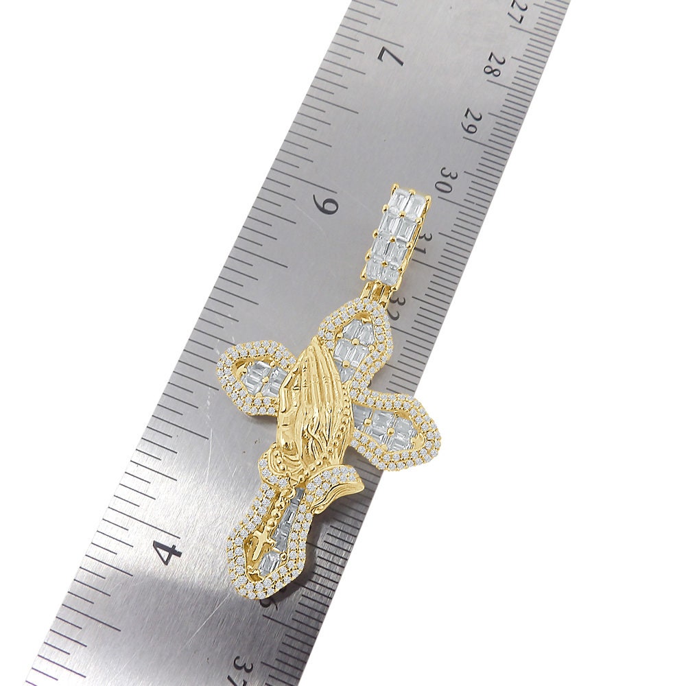 Baguette Real Genuine Starling Silver Simulated Diamond 14K Gold Over Jesus Cross Pendent Praying Hand Charm Chain Set 2.25