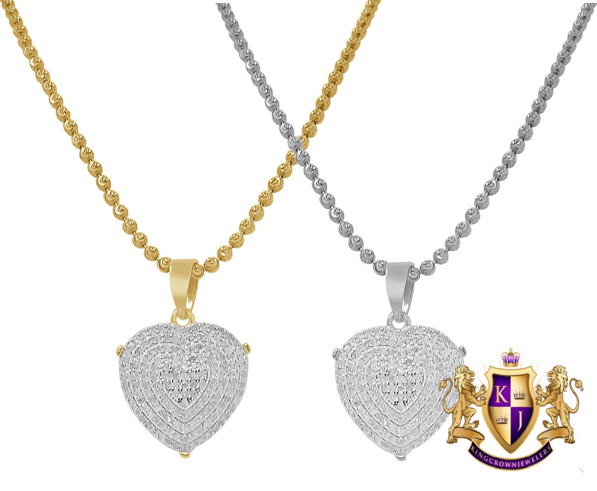 Real Genuine Diamond 0.60 Cwt. 10K Gold Finish LOVE Heart Mini Pendent Charm Chain Set 1''