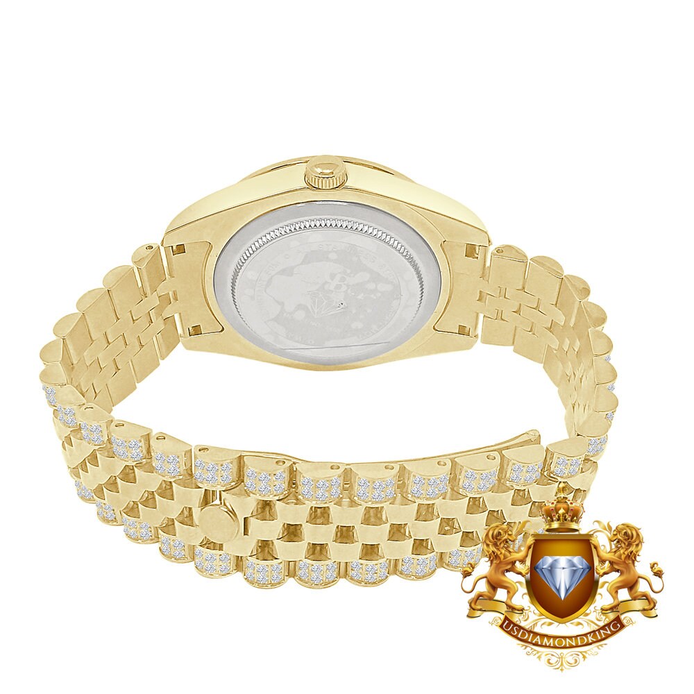 Roman Face Men's Solid Steel Solitaire Bezel 18K Yellow Gold Finish Full Iced Dial & Band Simulated Diamond Watch 42mm W/Date