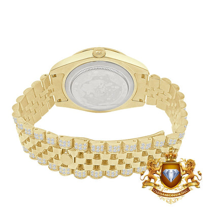 Roman Face Men's Solid Steel Solitaire Bezel 18K Yellow Gold Finish Full Iced Dial & Band Simulated Diamond Watch 42mm W/Date