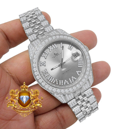 Roman Face Men's Solid Steel Solitaire Bezel 18K White Gold Finish Full Iced Dial & Band Simulated Diamond Watch 42mm W/Date