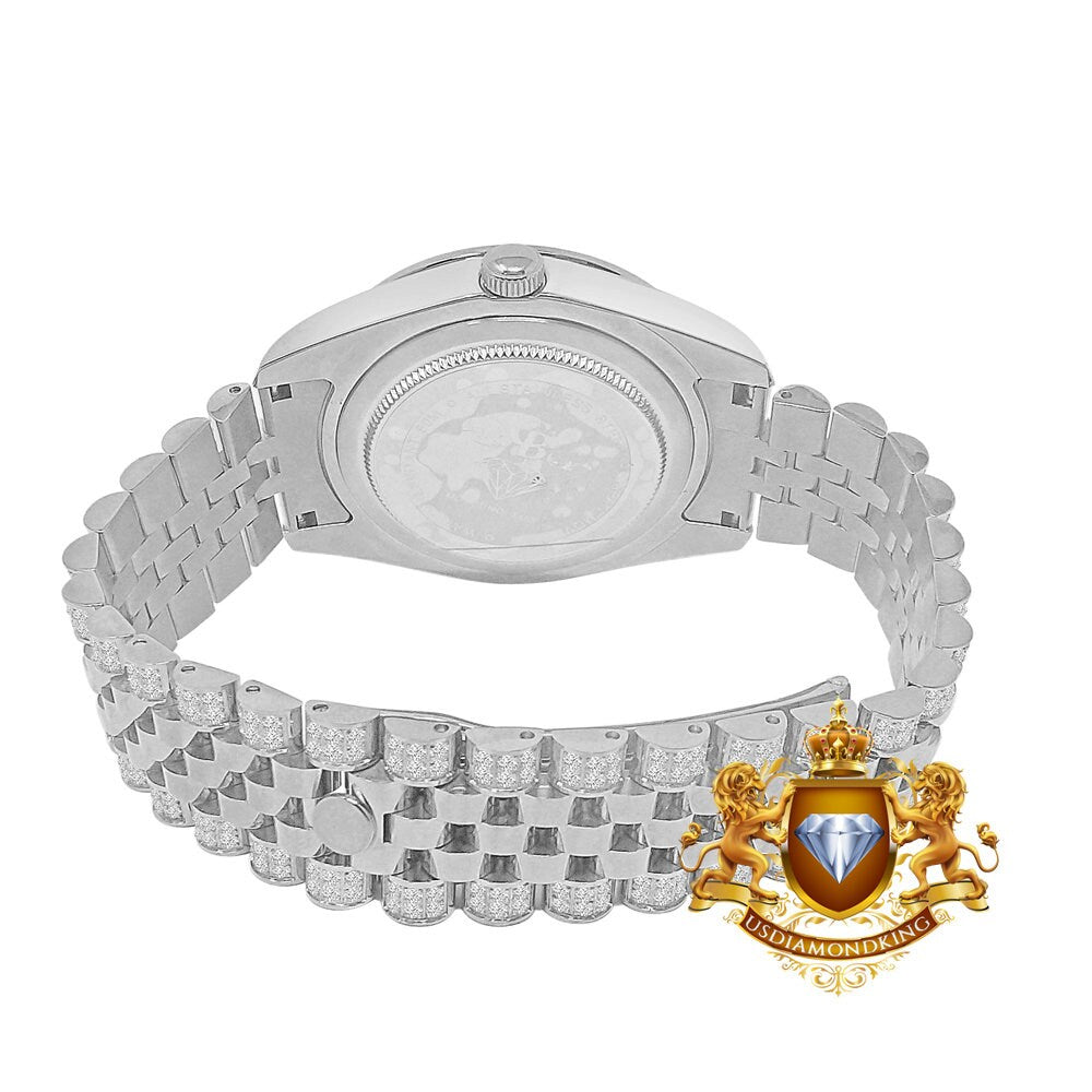 Roman Face Men's Solid Steel Solitaire Bezel 18K White Gold Finish Full Iced Dial & Band Simulated Diamond Watch 42mm W/Date