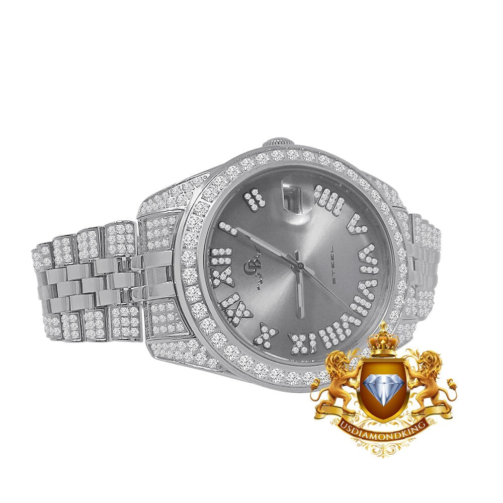 Roman Face Men's Solid Steel Solitaire Bezel 18K White Gold Finish Full Iced Dial & Band Simulated Diamond Watch 42mm W/Date
