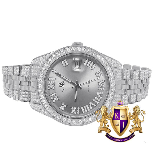 Roman Face Men's Solid Steel Solitaire Bezel 18K White Gold Finish Full Iced Dial & Band Simulated Diamond Watch 42mm W/Date