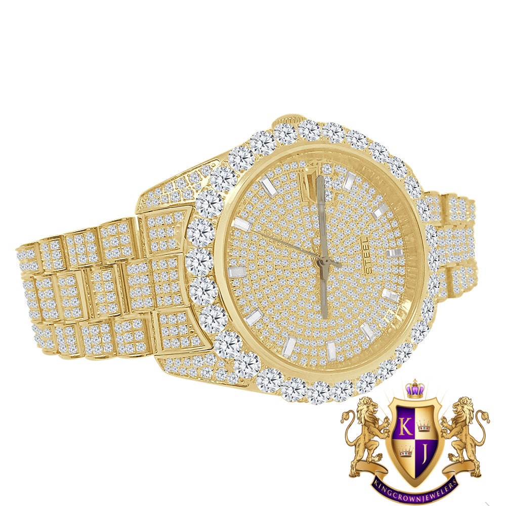 Solitaire Solid Steel Solitaire Bezel 18K Yellow Gold Finish Full Iced Dial & Band Men's Simulated Diamond Watch 42mm W/Date