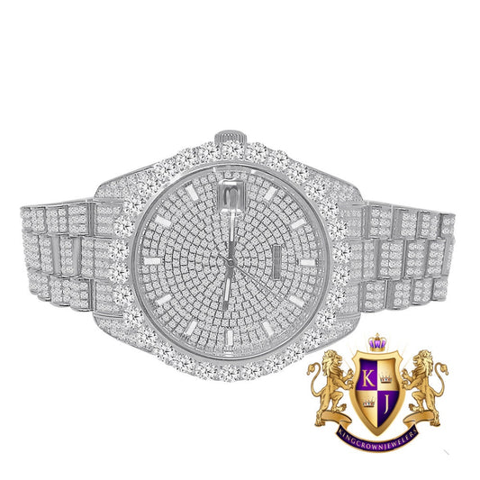 Solitaire Solid Steel Solitaire Bezel 18K White Gold Finish Full Iced Dial & Band Men's Simulated Diamond Watch 42mm W/Date