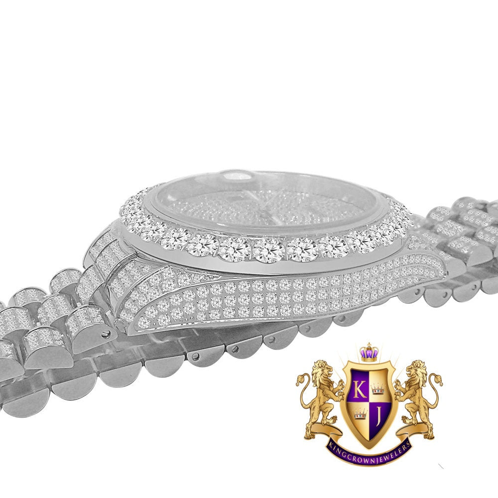 Solitaire Solid Steel Solitaire Bezel 18K White Gold Finish Full Iced Dial & Band Men's Simulated Diamond Watch 42mm W/Date
