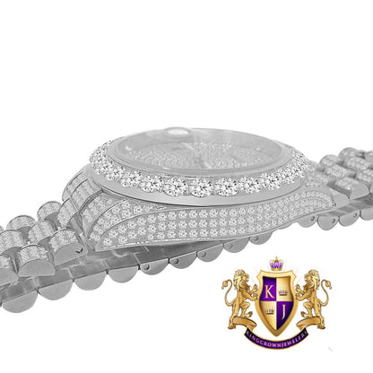 Solitaire Solid Steel Solitaire Bezel 18K White Gold Finish Full Iced Dial & Band Men's Simulated Diamond Watch 42mm W/Date