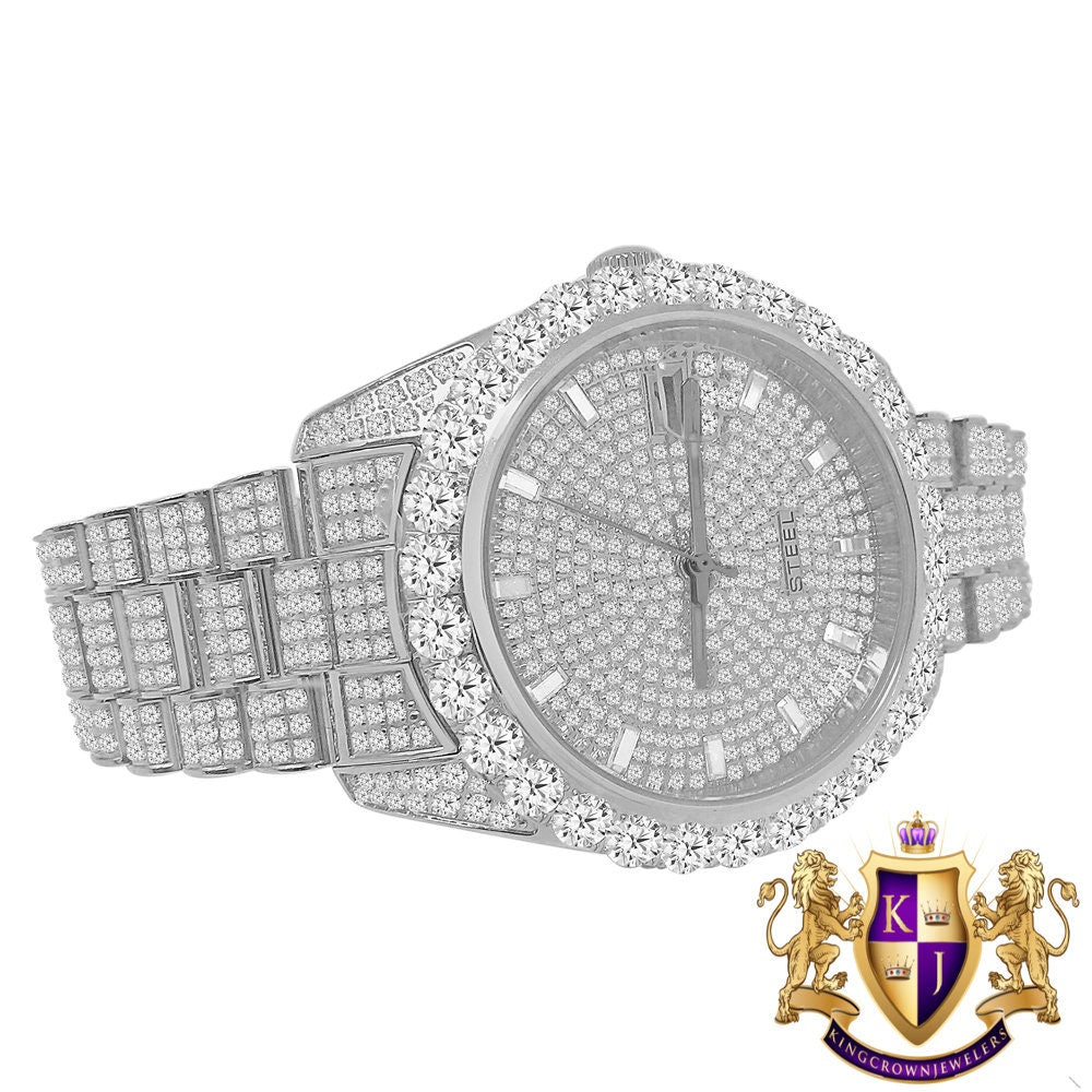 Solitaire Solid Steel Solitaire Bezel 18K White Gold Finish Full Iced Dial & Band Men's Simulated Diamond Watch 42mm W/Date