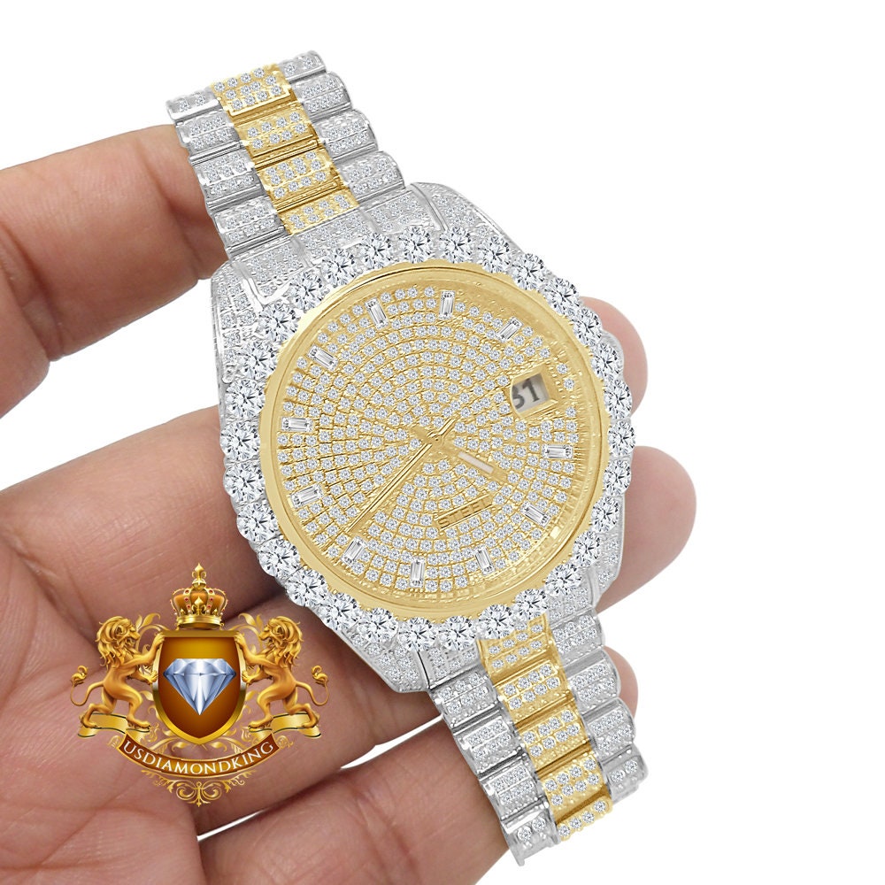 Men's 2 Tone Gold Finish Solid Stainless Steel Solitaire Bezel Full Iced Dial & Band Simulated Diamond Watch 42mm W/Date