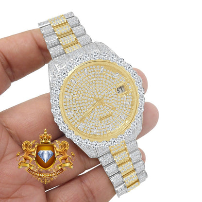 Men's 2 Tone Gold Finish Solid Stainless Steel Solitaire Bezel Full Iced Dial & Band Simulated Diamond Watch 42mm W/Date