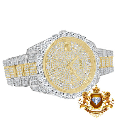 Men's 2 Tone Gold Finish Solid Stainless Steel Solitaire Bezel Full Iced Dial & Band Simulated Diamond Watch 42mm W/Date