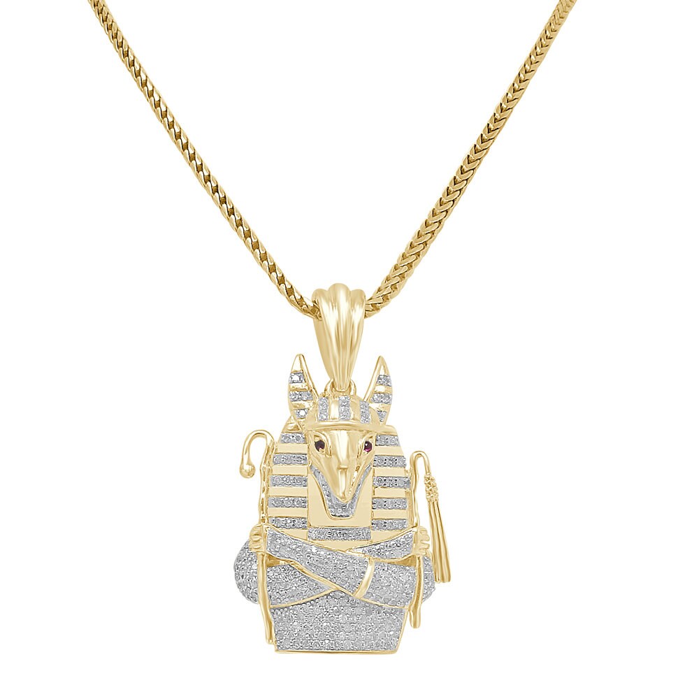 Real Genuine Diamond 0.85 Cwt. Egyptian God Anubis Pharaoh 10K Gold Over Mini Small Charm Pendent Chain Set 1.35''