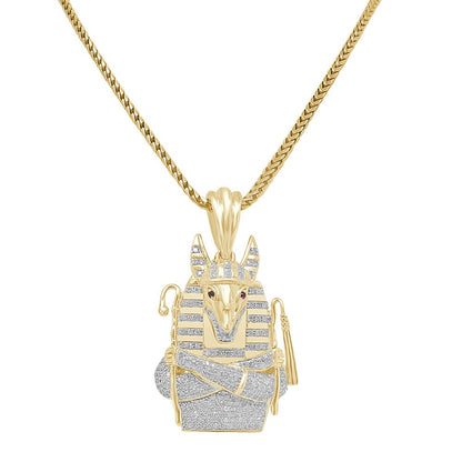 Real Genuine Diamond 0.85 Cwt. Egyptian God Anubis Pharaoh 10K Gold Over Mini Small Charm Pendent Chain Set 1.35''
