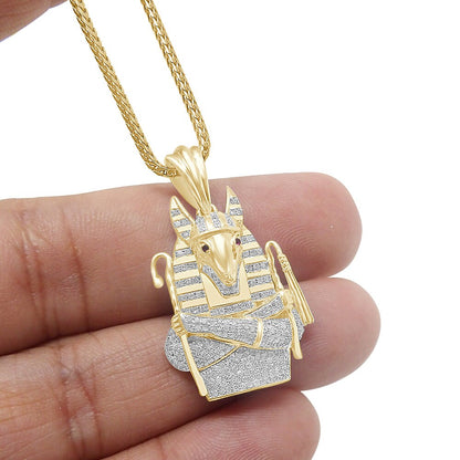 Real Genuine Diamond 0.85 Cwt. Egyptian God Anubis Pharaoh 10K Gold Over Mini Small Charm Pendent Chain Set 1.35''