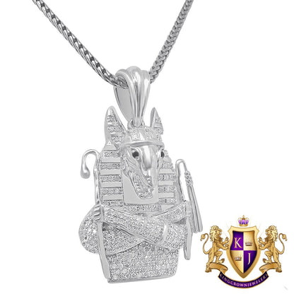 Real Genuine Diamond 0.85 Cwt. Egyptian God Anubis Pharaoh 10K Gold Over Mini Small Charm Pendent Chain Set 1.35''