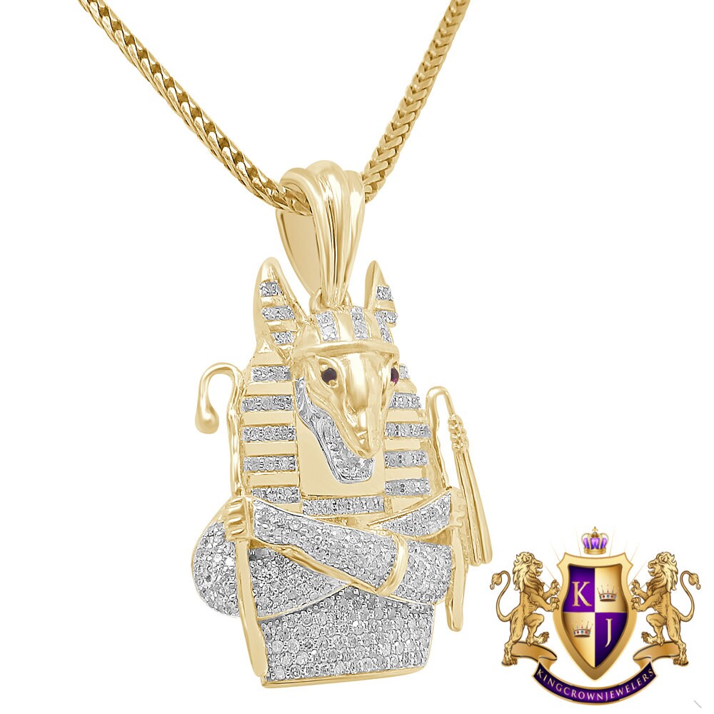Real Genuine Diamond 0.85 Cwt. Egyptian God Anubis Pharaoh 10K Gold Over Mini Small Charm Pendent Chain Set 1.35''