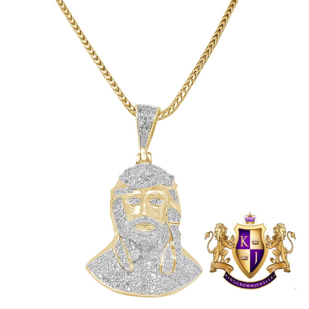 Real Genuine Diamond 1.00 Cwt. Jesus Face Piece 10K Gold Over Mini Small Charm Pendent Chain Set 1.55''