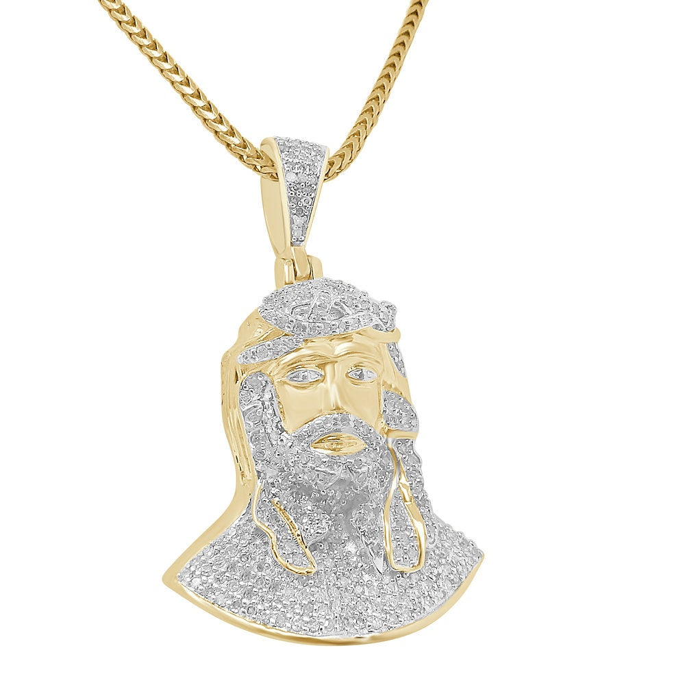 Real Genuine Diamond 1.00 Cwt. Jesus Face Piece 10K Gold Over Mini Small Charm Pendent Chain Set 1.55''