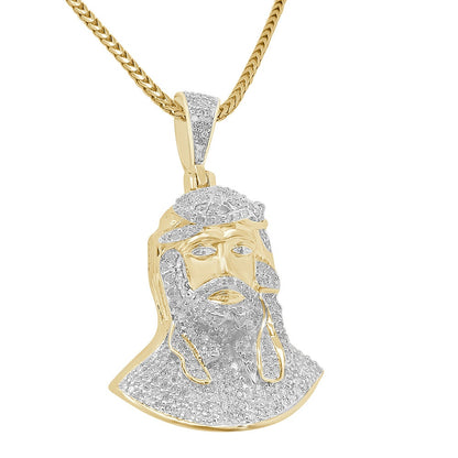 Real Genuine Diamond 1.00 Cwt. Jesus Face Piece 10K Gold Over Mini Small Charm Pendent Chain Set 1.55''
