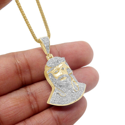 Real Genuine Diamond 1.00 Cwt. Jesus Face Piece 10K Gold Over Mini Small Charm Pendent Chain Set 1.55''