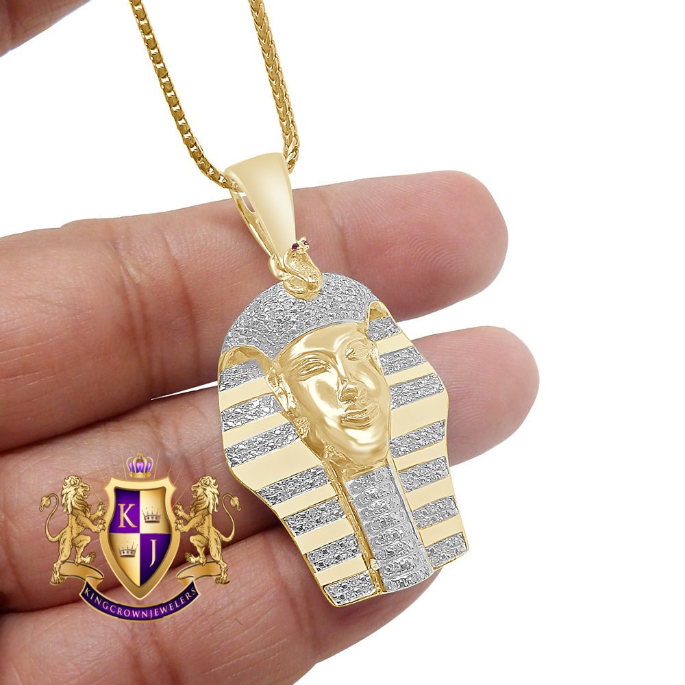 Real Genuine Diamond 0.60 Cwt. Egyptian King Tut Pharaoh 10K Gold Over Small Charm Pendent Chain Set 2''