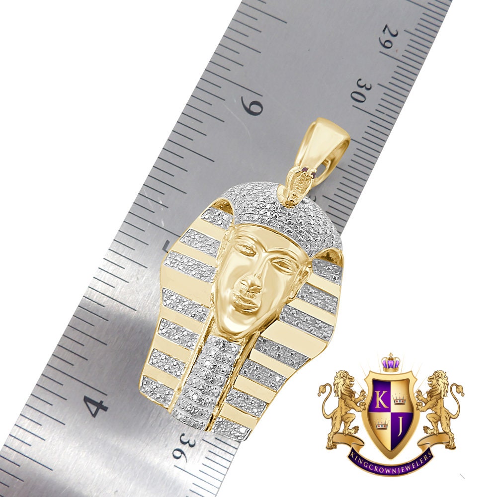 Real Genuine Diamond 0.60 Cwt. Egyptian King Tut Pharaoh 10K Gold Over Small Charm Pendent Chain Set 2''