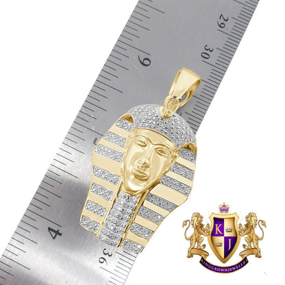 Real Genuine Diamond 0.60 Cwt. Egyptian King Tut Pharaoh 10K Gold Over Small Charm Pendent Chain Set 2''