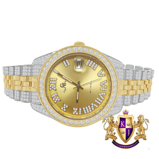 Roman Face Men's Solid Steel Solitaire Bezel 18K 2 Tone Gold Finish Full Iced Dial & Band Simulated Diamond Watch 42mm W/Date