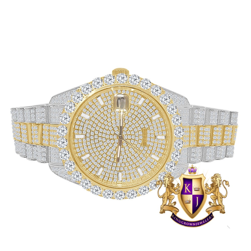 Men's 2 Tone Gold Finish Solid Stainless Steel Solitaire Bezel Full Iced Dial & Band Simulated Diamond Watch 42mm W/Date