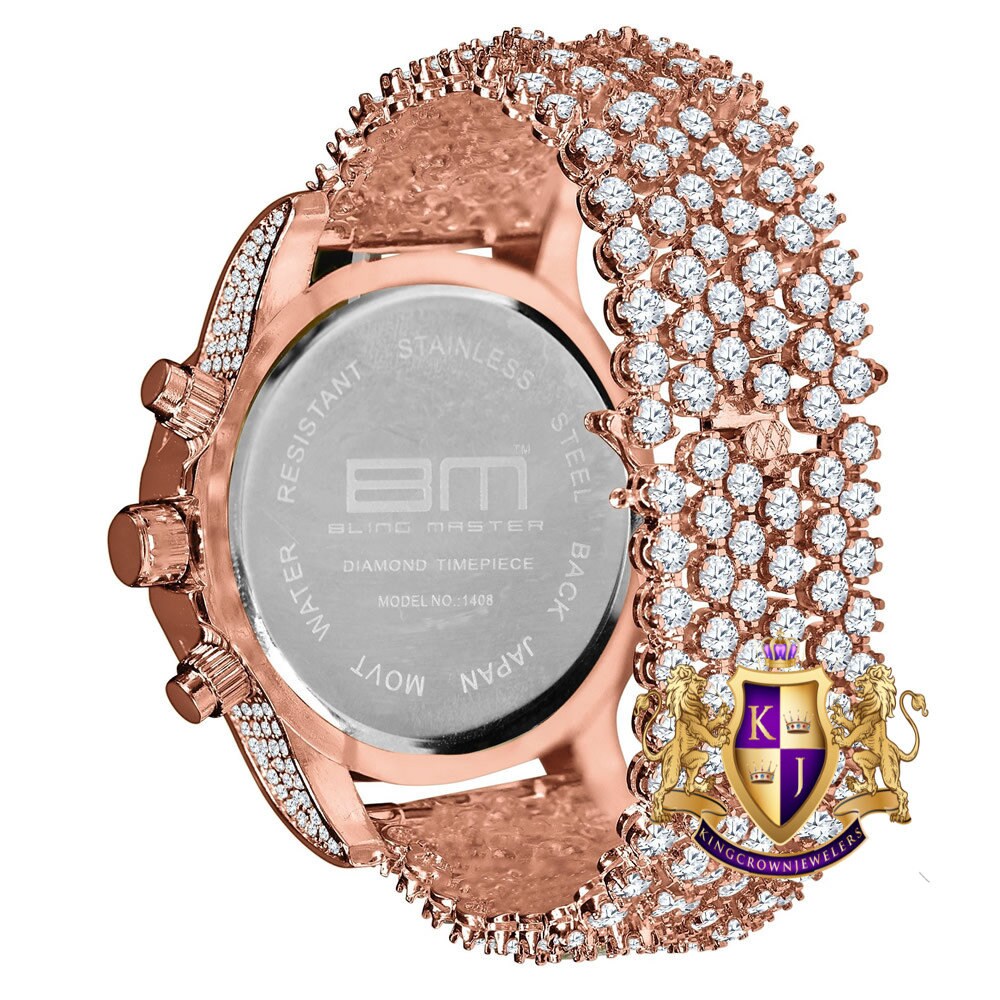 Fully Iced 18k Rose Gold Finish Simulated Diamond Custom Band Men's Luxury Watch 48mm W/Date