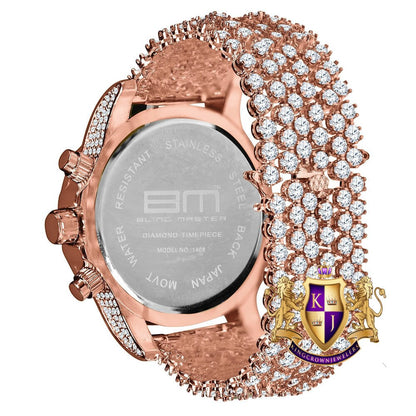 Fully Iced 18k Rose Gold Finish Simulated Diamond Custom Band Men's Luxury Watch 48mm W/Date