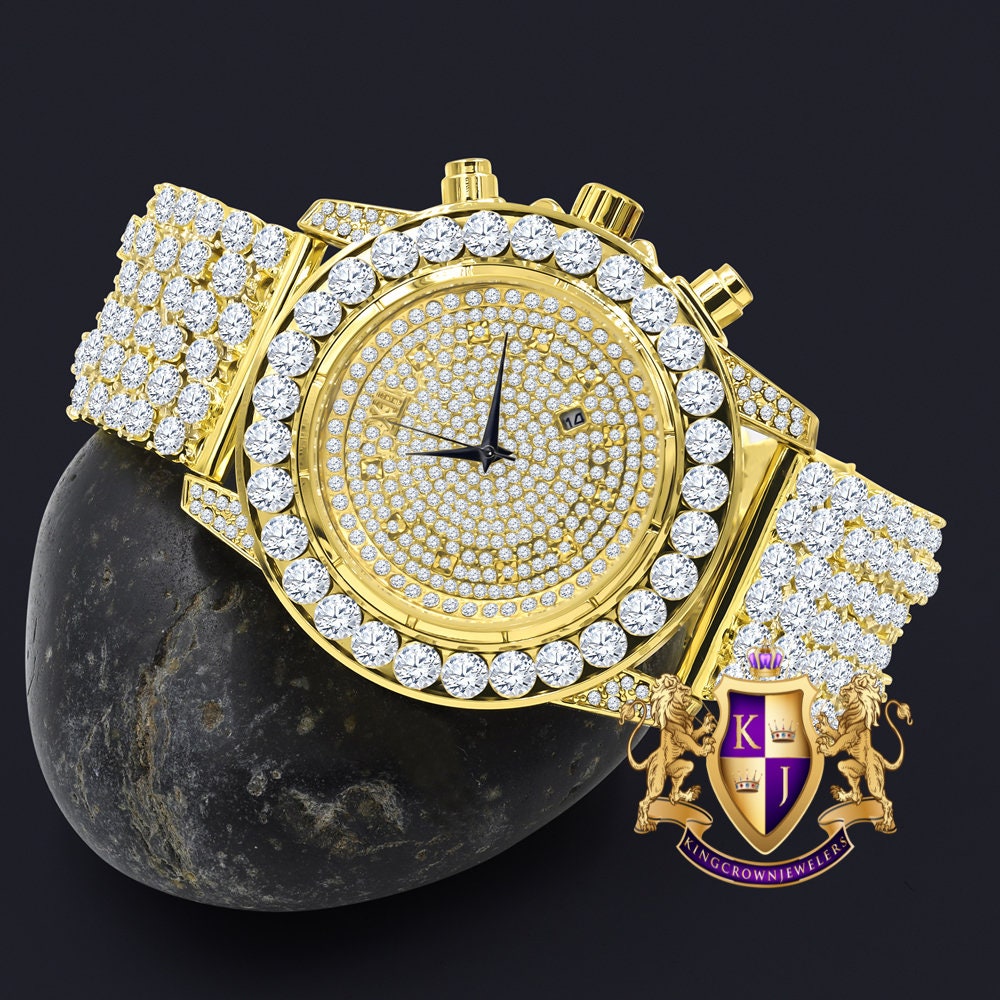 Fully Iced 18k Gold Finish Simulated Diamond Custom Band Men's Luxury Watch 48mm W/Date