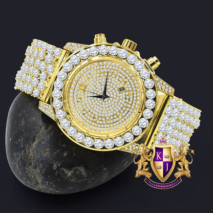 Fully Iced 18k Gold Finish Simulated Diamond Custom Band Men's Luxury Watch 48mm W/Date