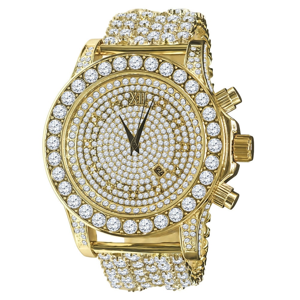 Fully Iced 18k Gold Finish Simulated Diamond Custom Band Men's Luxury Watch 48mm W/Date