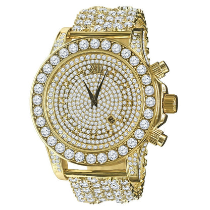 Fully Iced 18k Gold Finish Simulated Diamond Custom Band Men's Luxury Watch 48mm W/Date