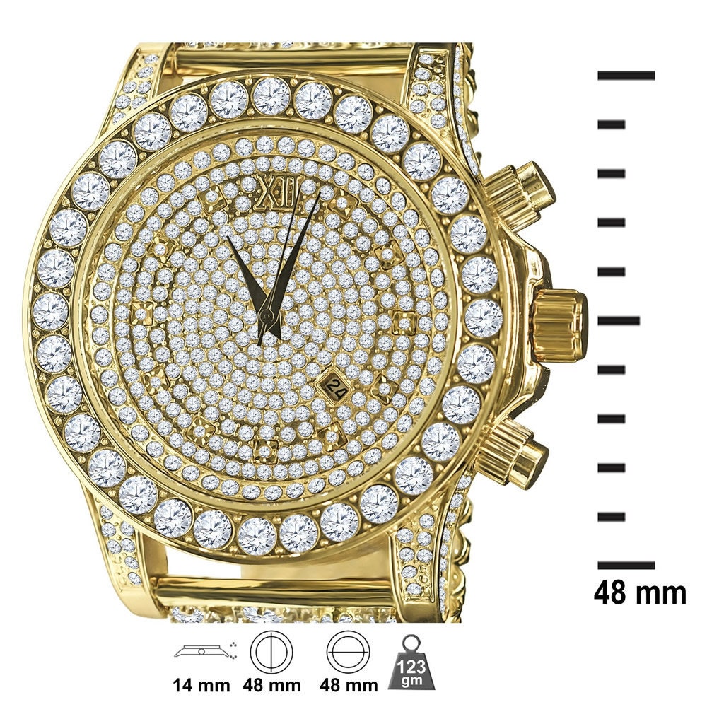 Fully Iced 18k Gold Finish Simulated Diamond Custom Band Men's Luxury Watch 48mm W/Date