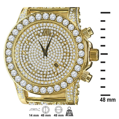 Fully Iced 18k Gold Finish Simulated Diamond Custom Band Men's Luxury Watch 48mm W/Date