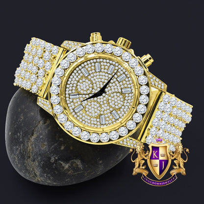 Men's 18k Gold Finish Simulated Diamond Custom Band Luxury Iced Watch 48mm W/Date