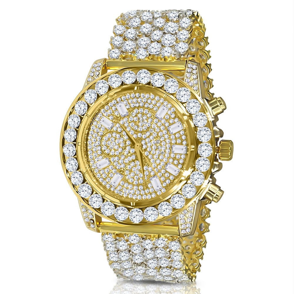 Men's 18k Gold Finish Simulated Diamond Custom Band Luxury Iced Watch 48mm W/Date