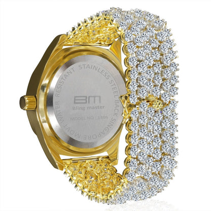Men's 18k Gold Finish Simulated Diamond Custom Band Luxury Iced Watch 48mm W/Date