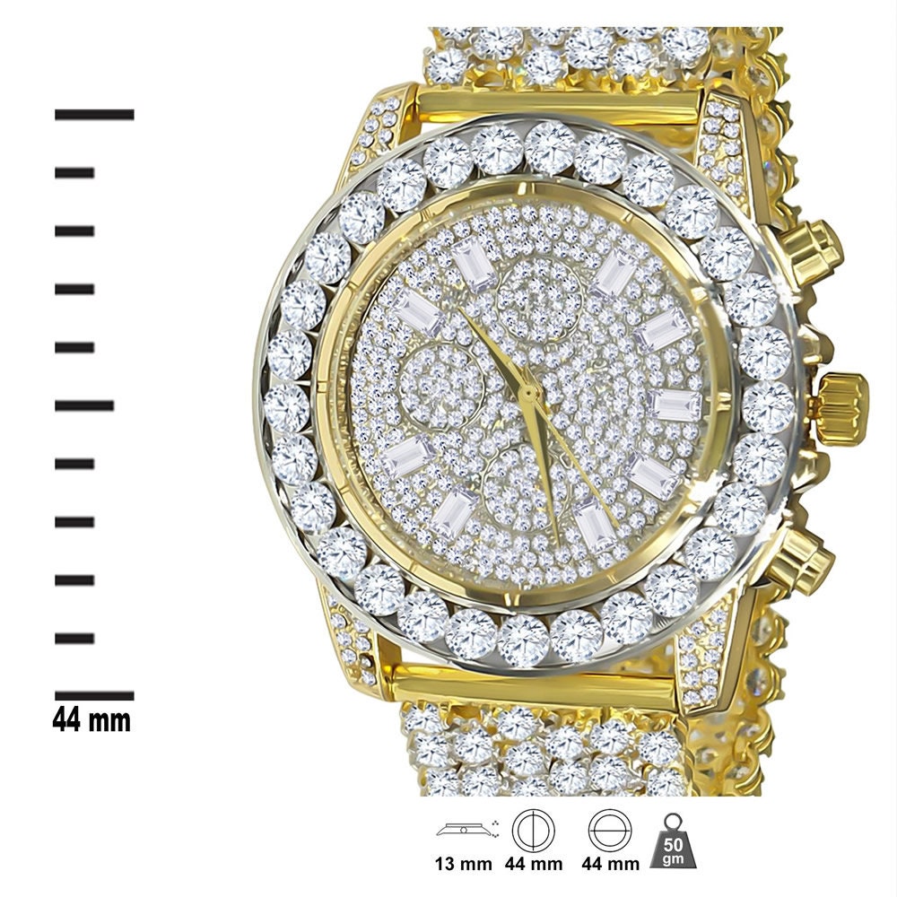 Men's 18k Gold Finish Simulated Diamond Custom Band Luxury Iced Watch 48mm W/Date