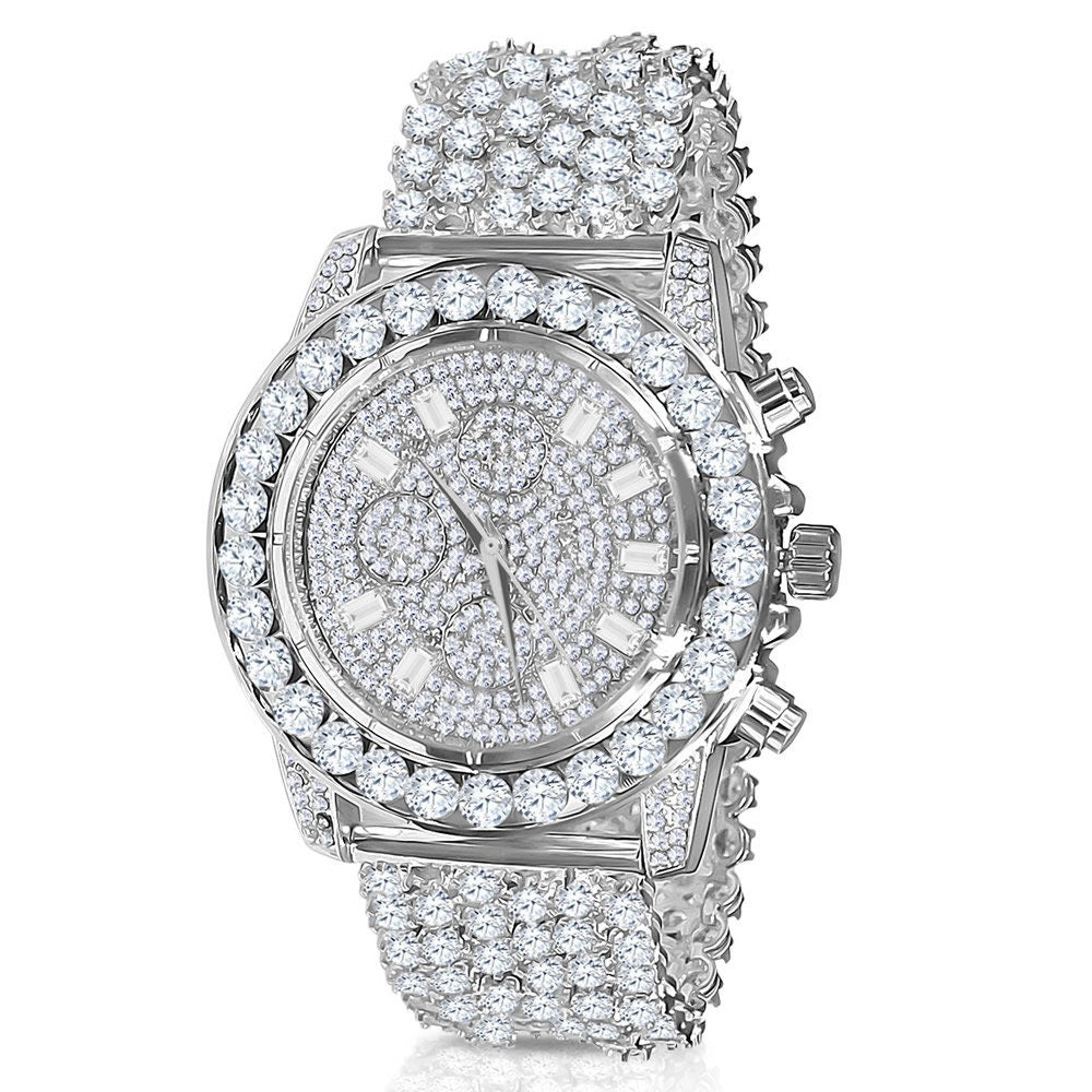 Men's 18k White Gold Finish Simulated Diamond Custom Band Luxury Iced Watch 48mm W/Date