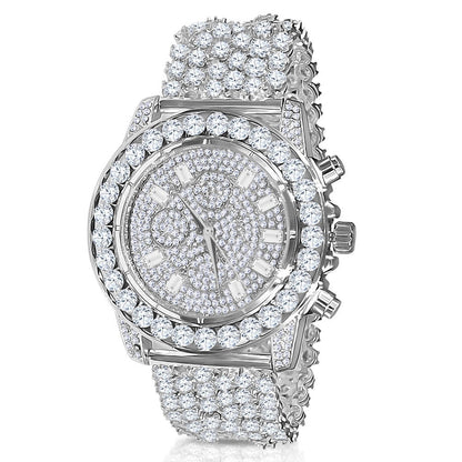Men's 18k White Gold Finish Simulated Diamond Custom Band Luxury Iced Watch 48mm W/Date