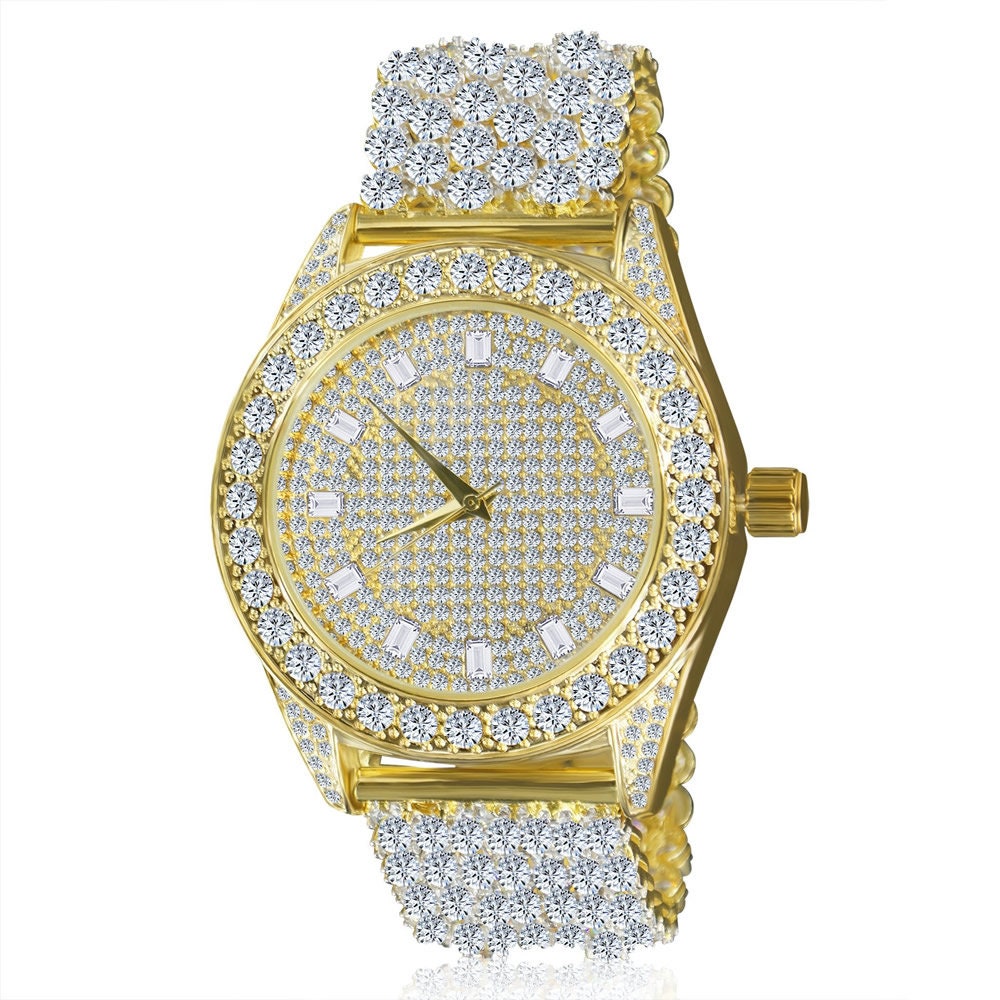 Men's 18k Yellow Gold Finish Simulated Diamond Custom Band Luxury Iced Watch 48mm W/Date