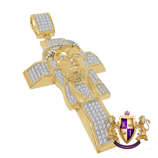 33+ Grams Real Genuine Sterling Silver Big XL 3.5'' 14k Yellow Gold Finish 4.5 Cwt. Simulated Diamond Jesus Face Cross Custom Pendant Charm